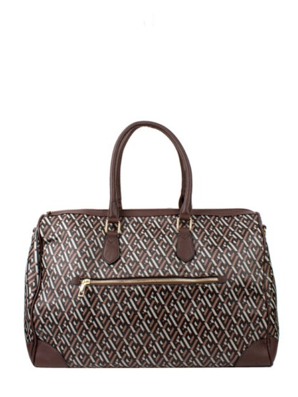 Brown Patterned Tote Bag with Front Zip Pocket